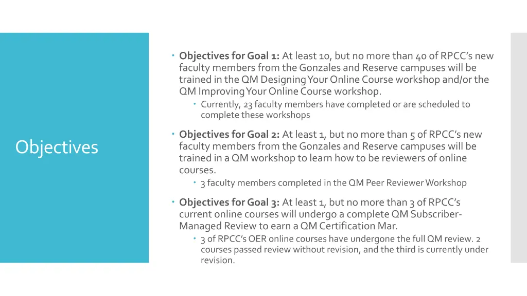 objectives for goal 1 at least 10 but no more