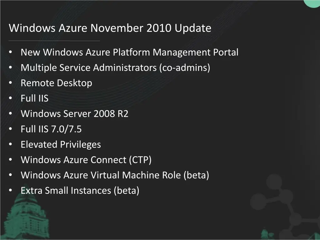 windows azure november 2010 update