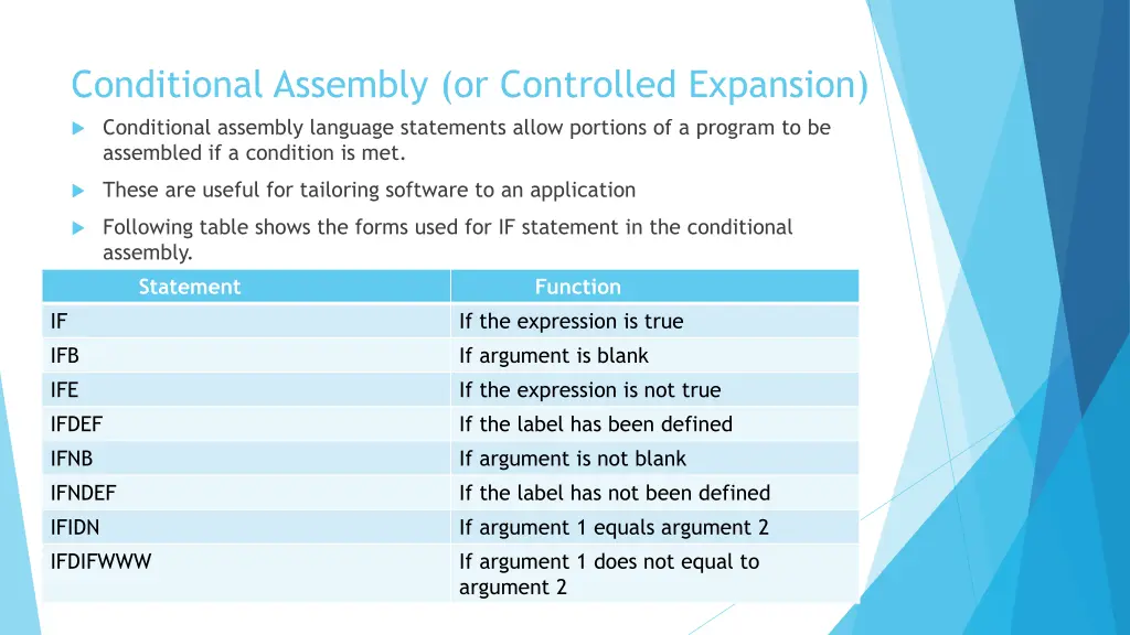 conditional assembly or controlled expansion