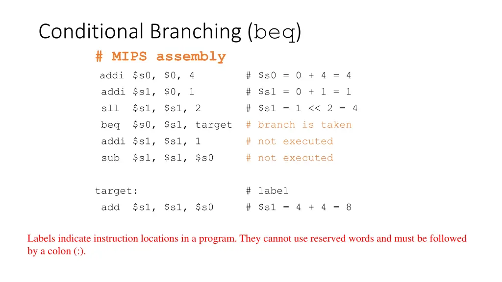 conditional branching beq mips assembly addi