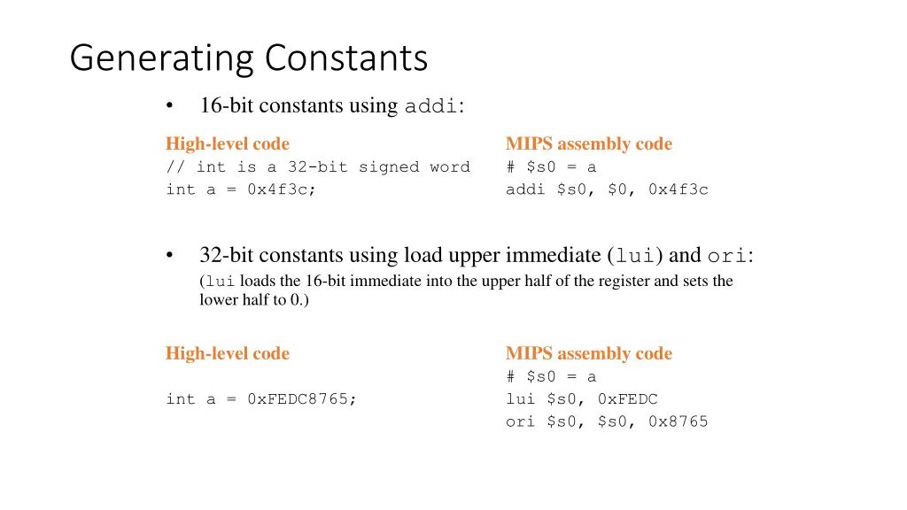 generating constants 16 bit constants using addi