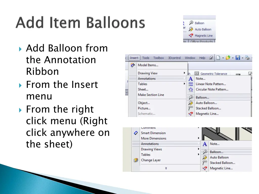 add balloon from the annotation ribbon from