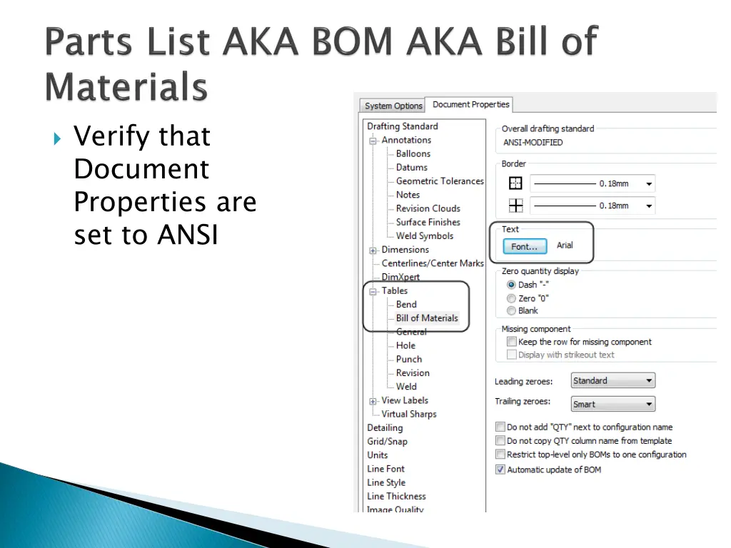 verify that document properties are set to ansi