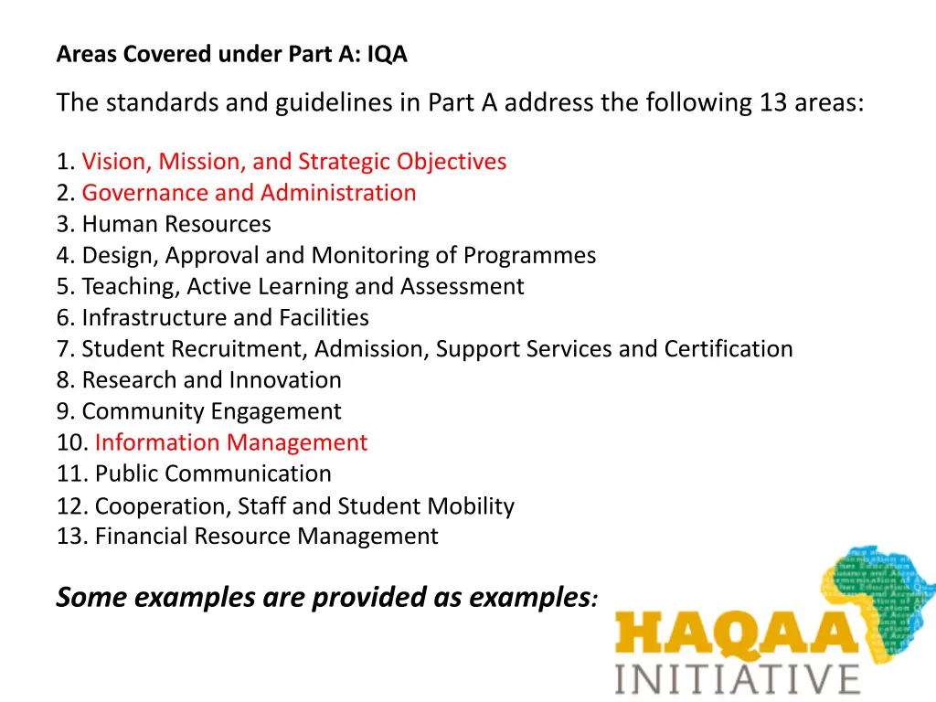 areas covered under part a iqa