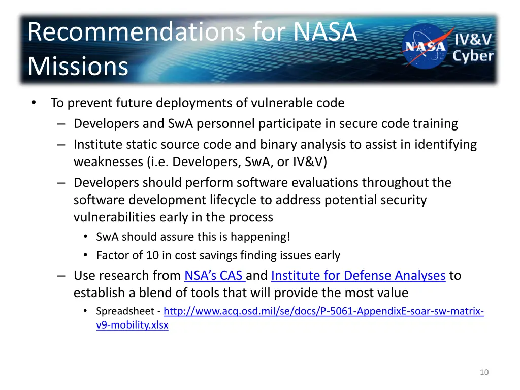 recommendations for nasa missions