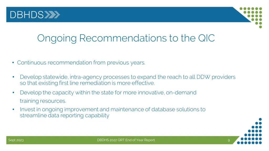 ongoing recommendations to the qic