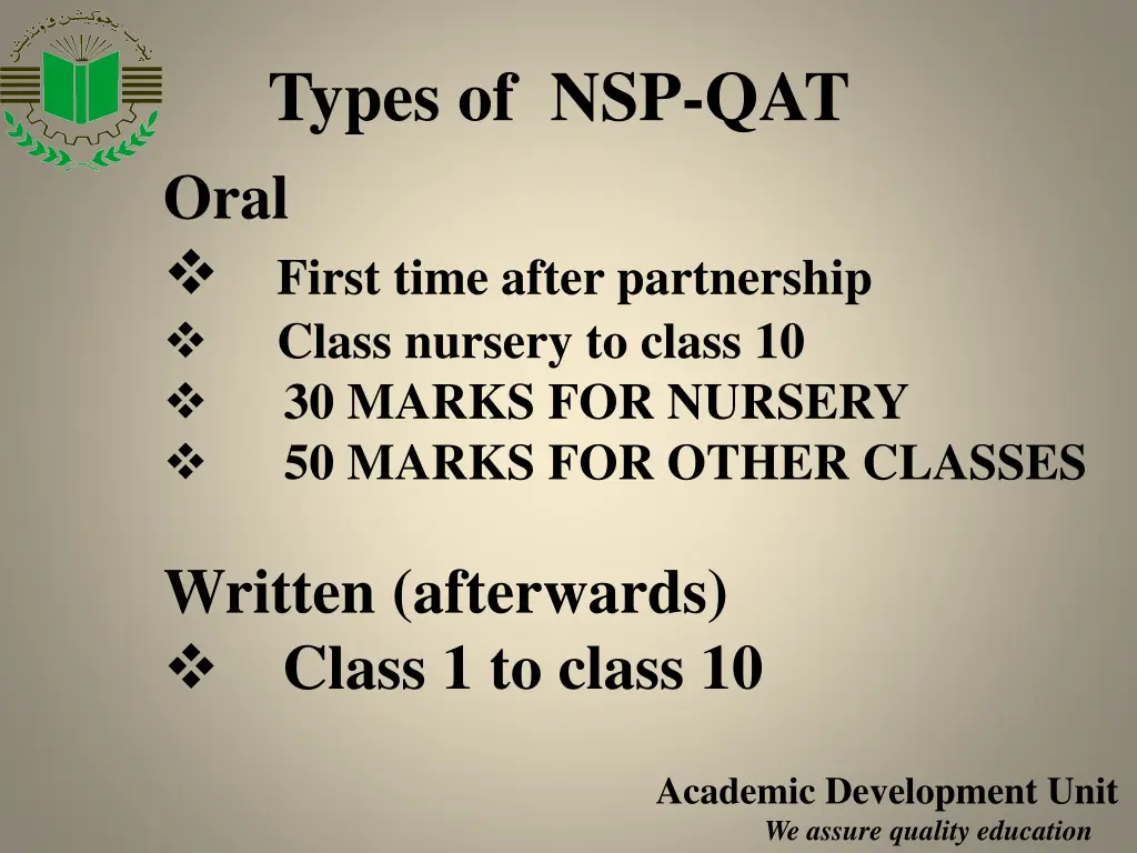 types of nsp qat oral first time after