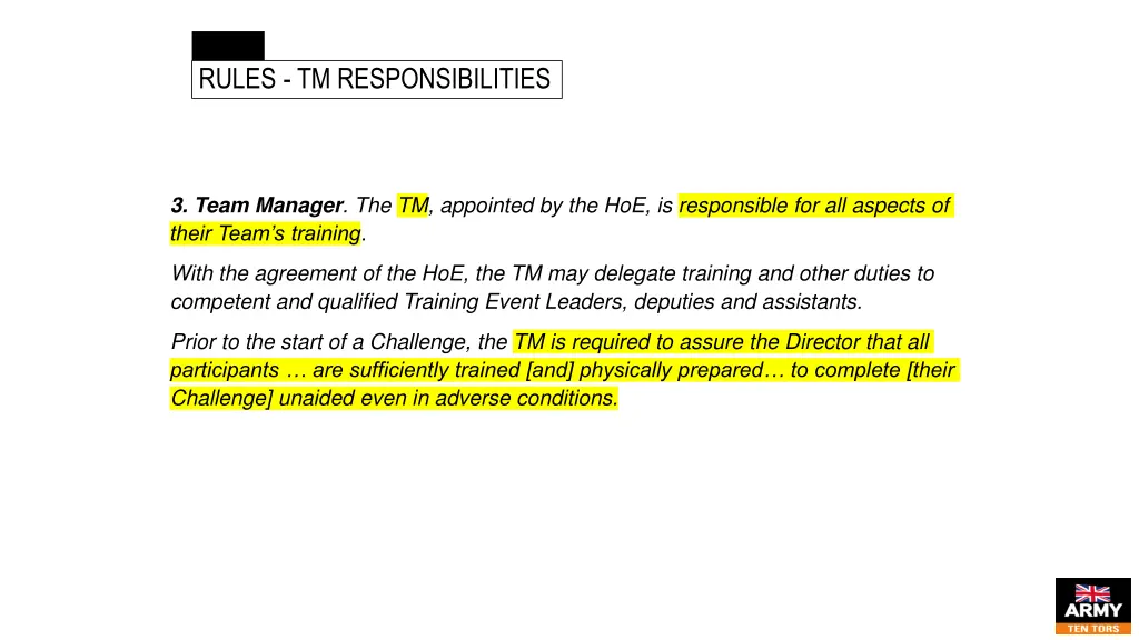 training rules tm responsibilities