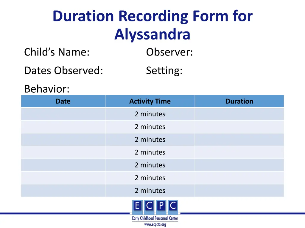 duration recording form for alyssandra child