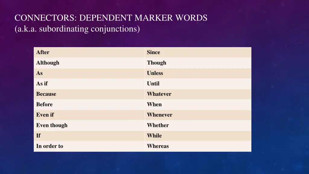 connectors dependent marker words