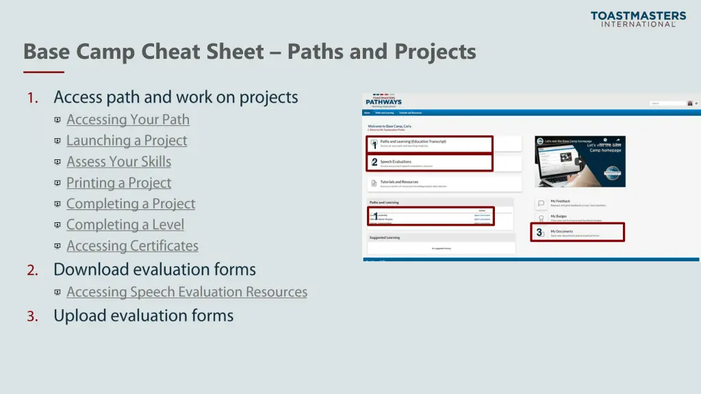 base camp cheat sheet paths and projects