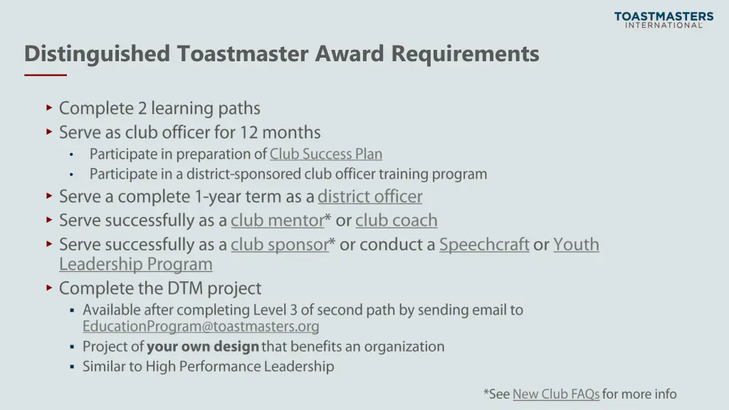 distinguished toastmaster award requirements