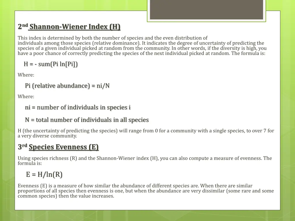 2 nd shannon wiener index h