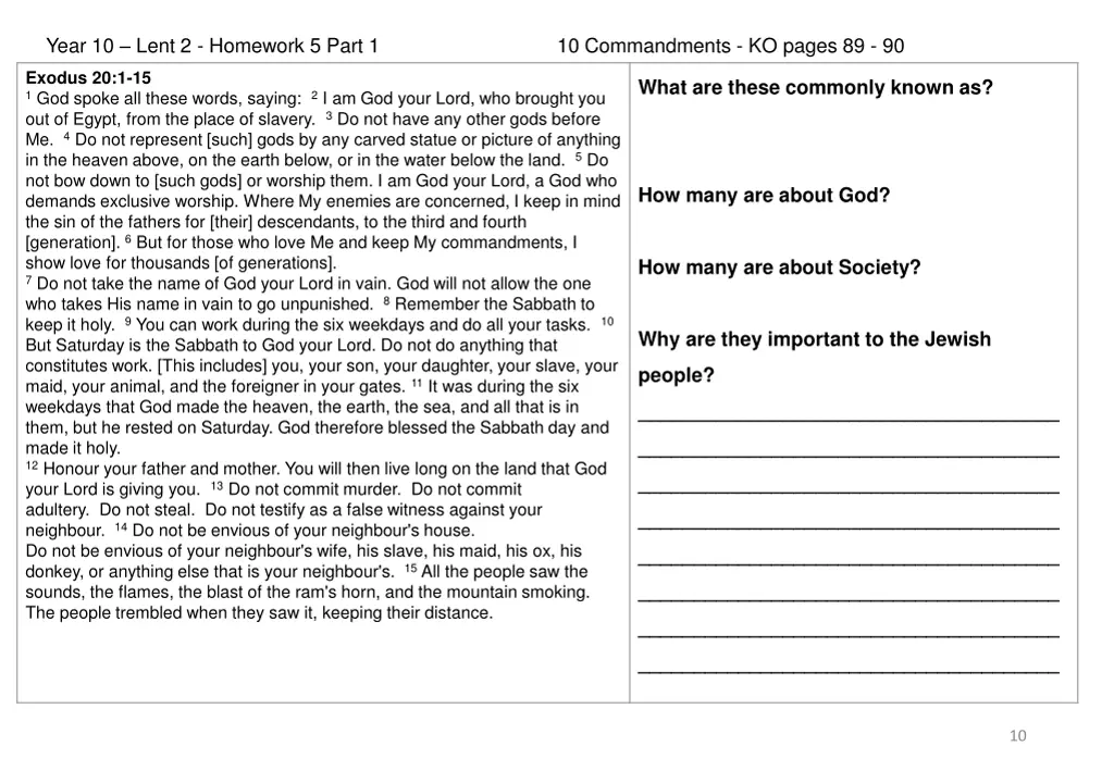 year 10 lent 2 homework 5 part 1 10 commandments