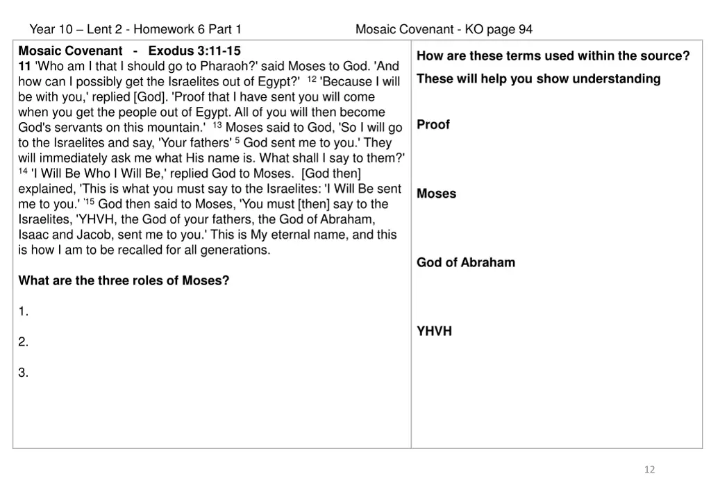 year 10 lent 2 homework 6 part 1 mosaic covenant