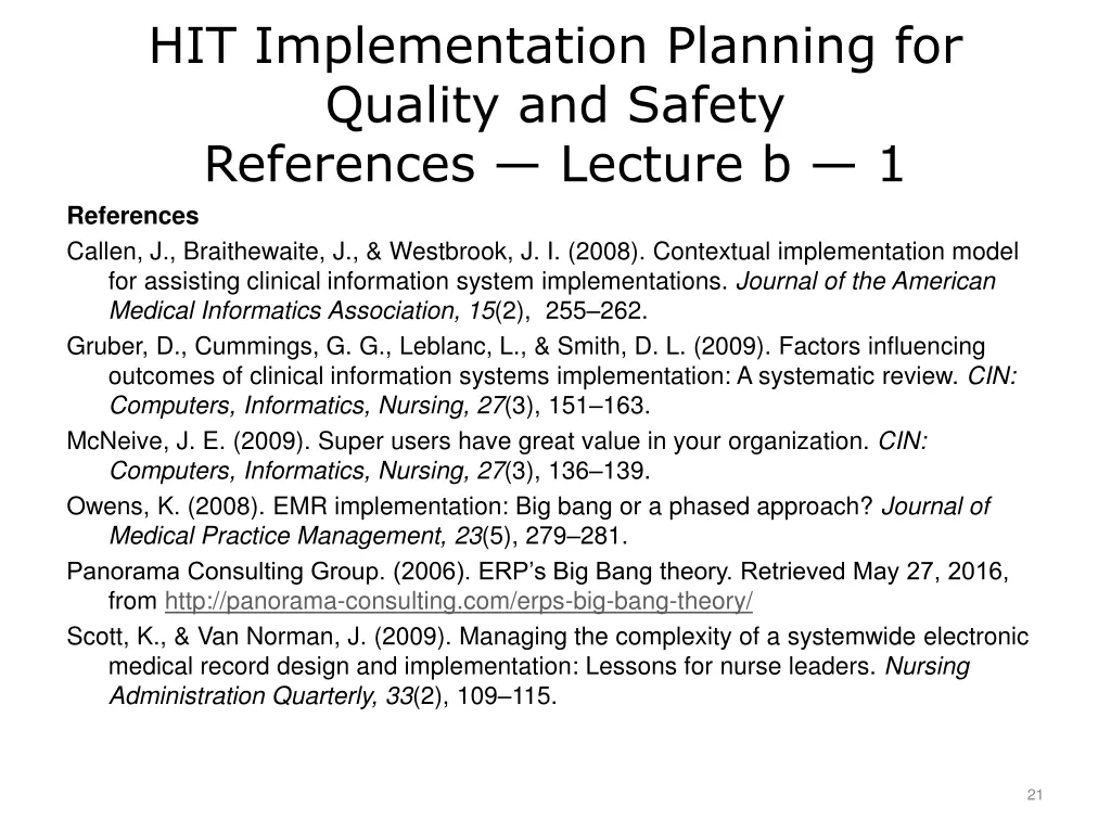 hit implementation planning for quality 2