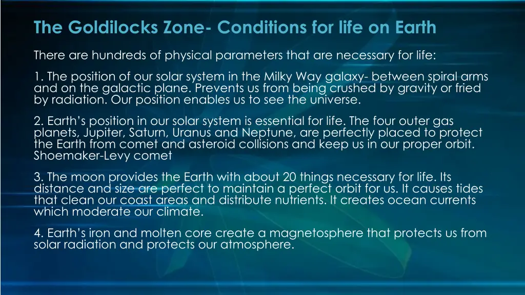 the goldilocks zone conditions for life on earth