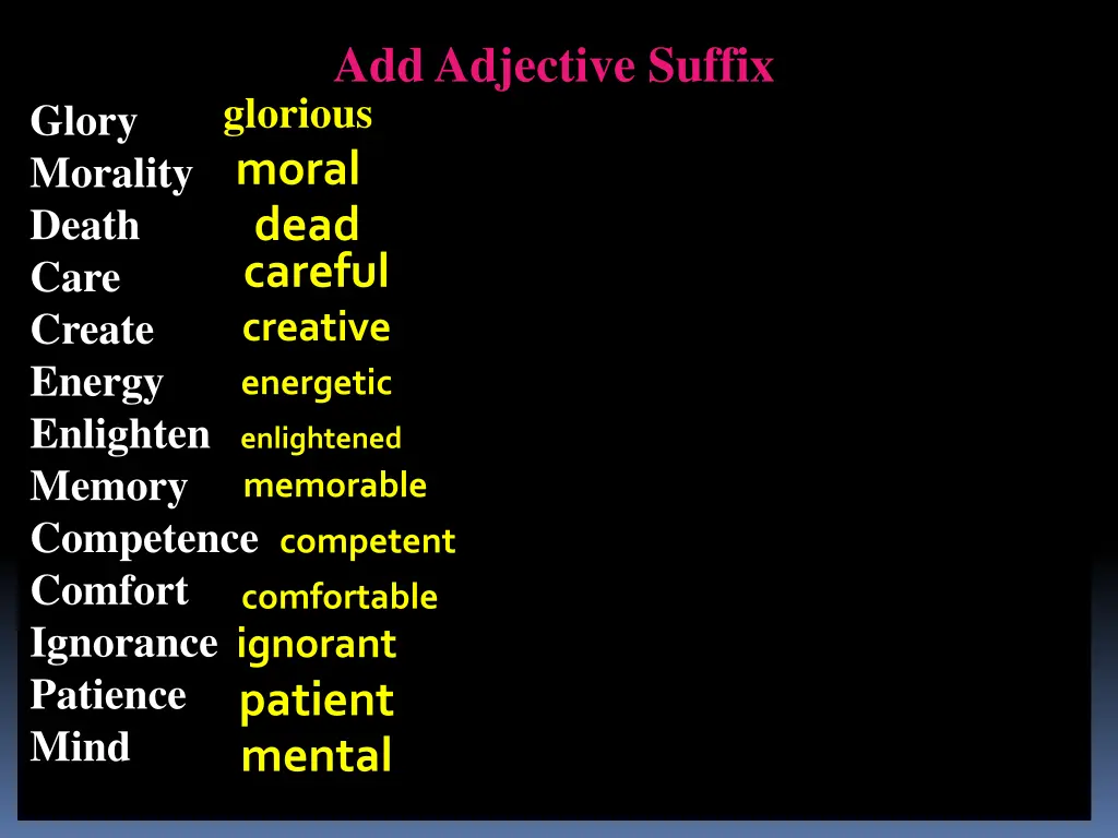 add adjective suffix glorious moral dead