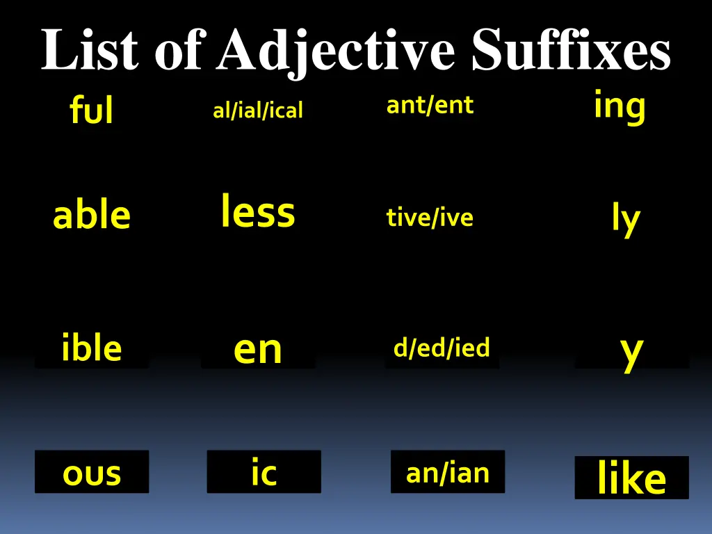 list of adjective suffixes ful al ial ical