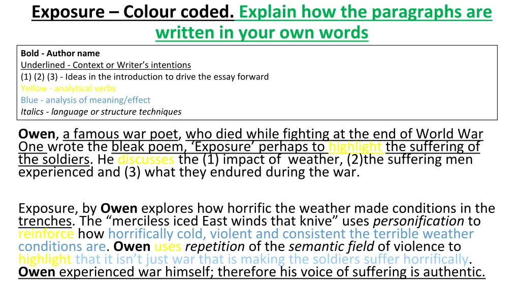 exposure colour coded explain how the paragraphs