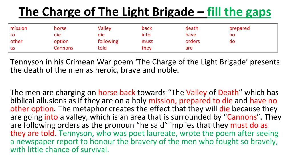 the charge of the light brigade fill the gaps 1