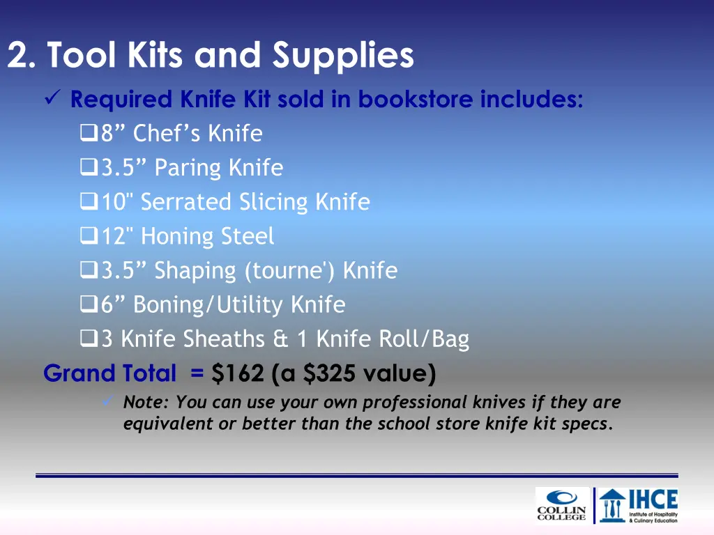 2 tool kits and supplies required knife kit sold