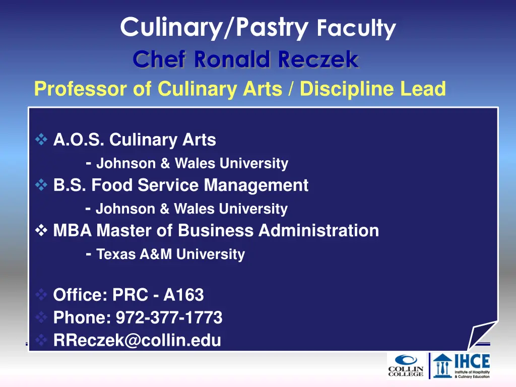 culinary pastry faculty chef ronald reczek