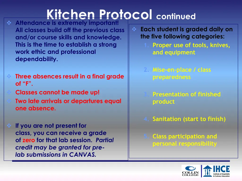 kitchen protocol continued attendance