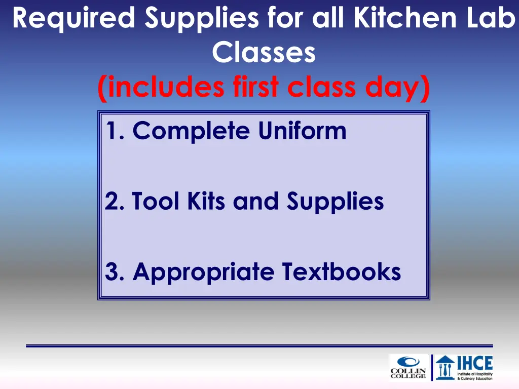 required supplies for all kitchen lab classes