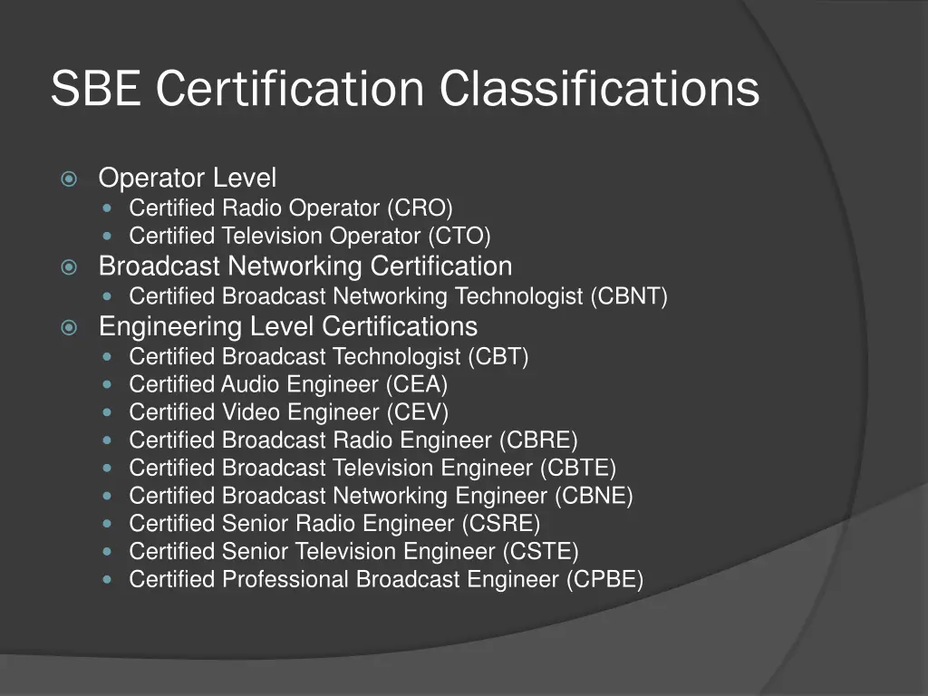 sbe certification classifications