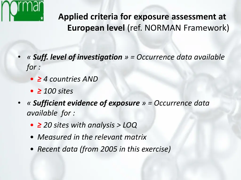 applied criteria for exposure assessment