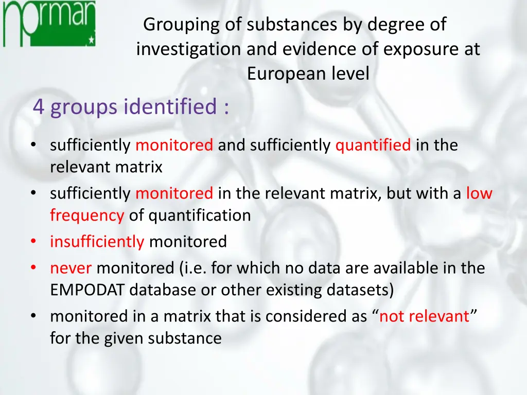 grouping of substances by degree of investigation