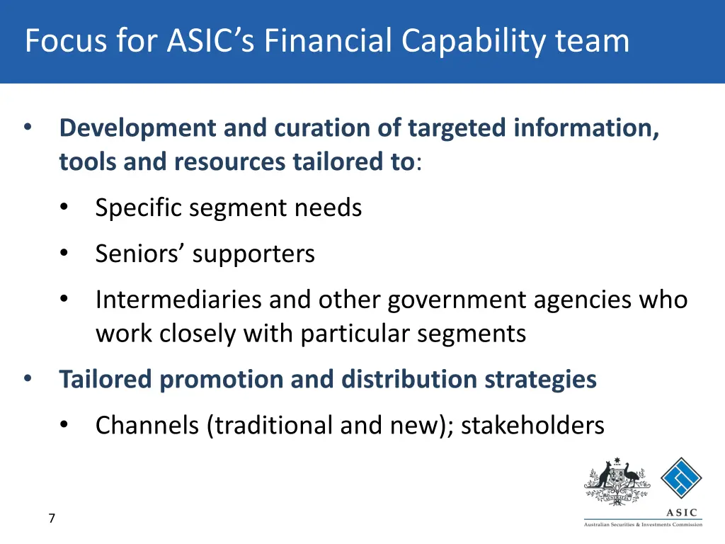 focus for asic s financial capability team