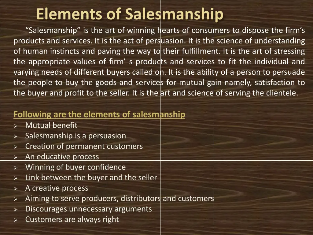 elements of salesmanship salesmanship