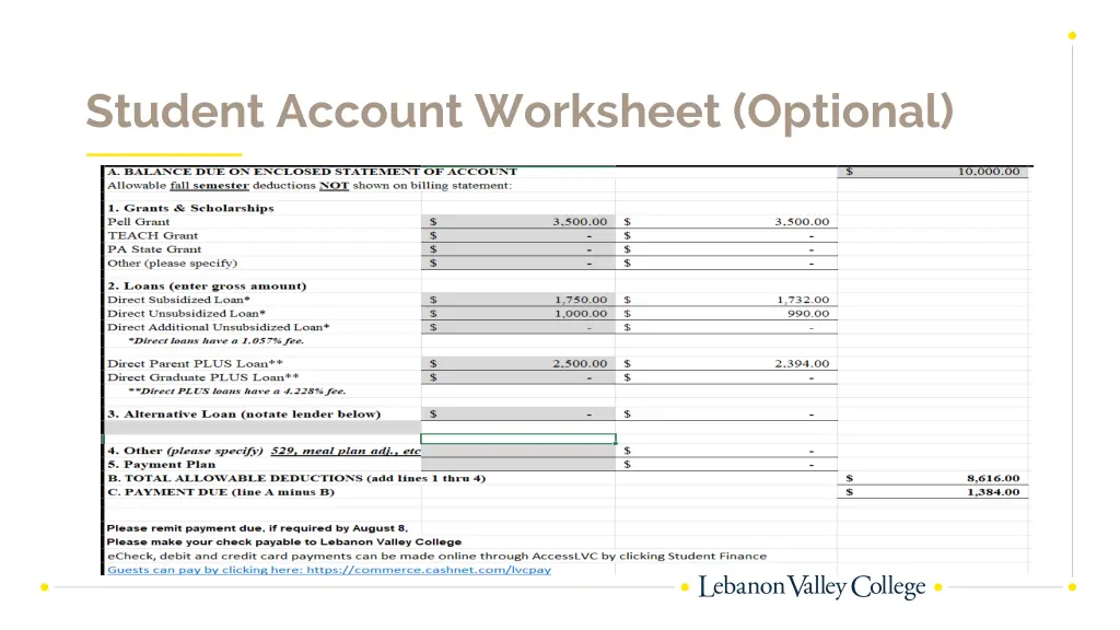 student account worksheet optional