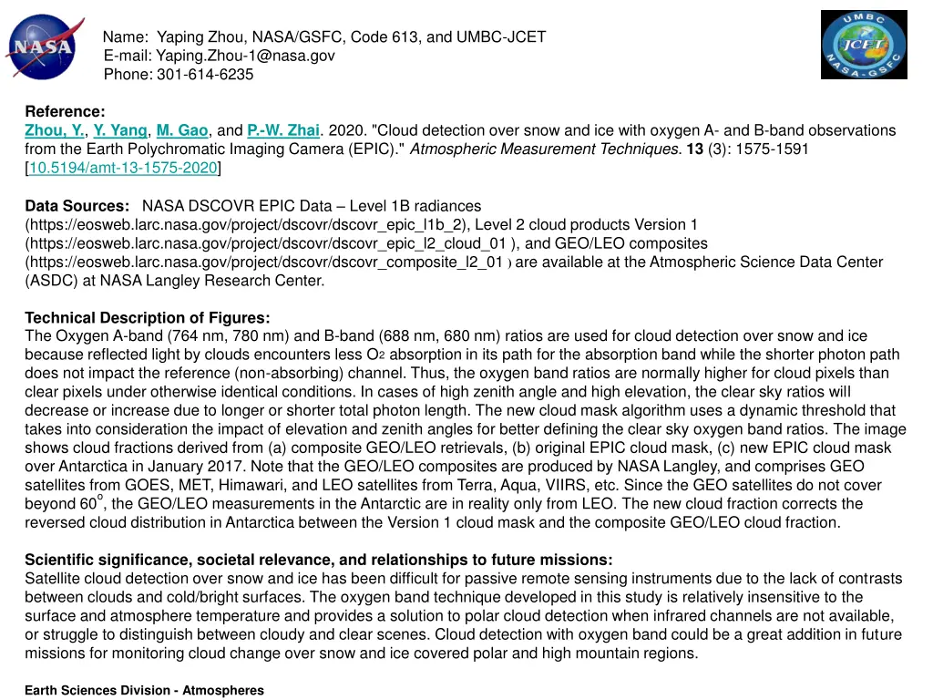 name yaping zhou nasa gsfc code 613 and umbc jcet