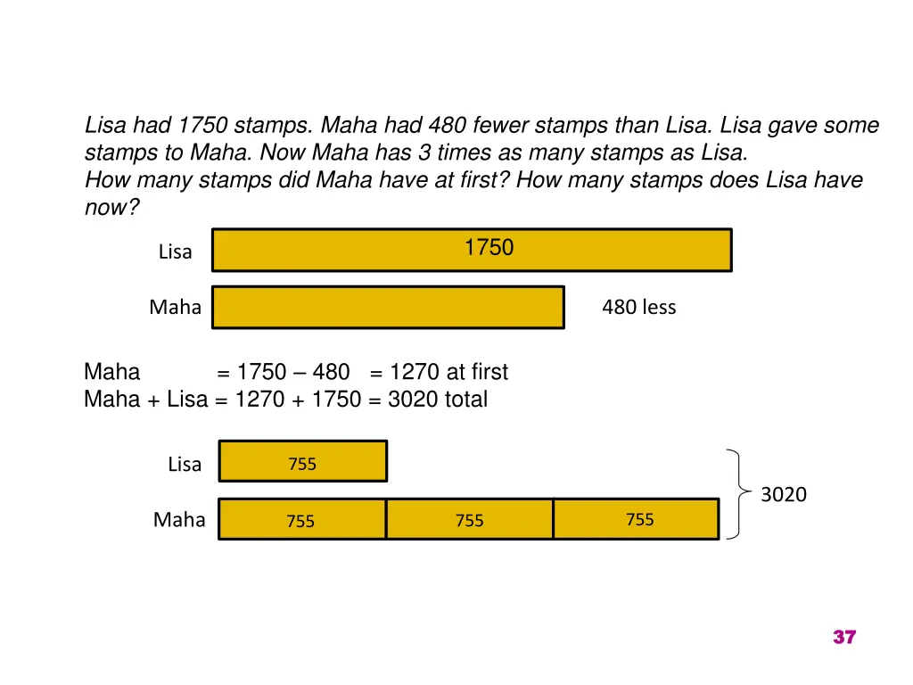 lisa had 1750 stamps maha had 480 fewer stamps