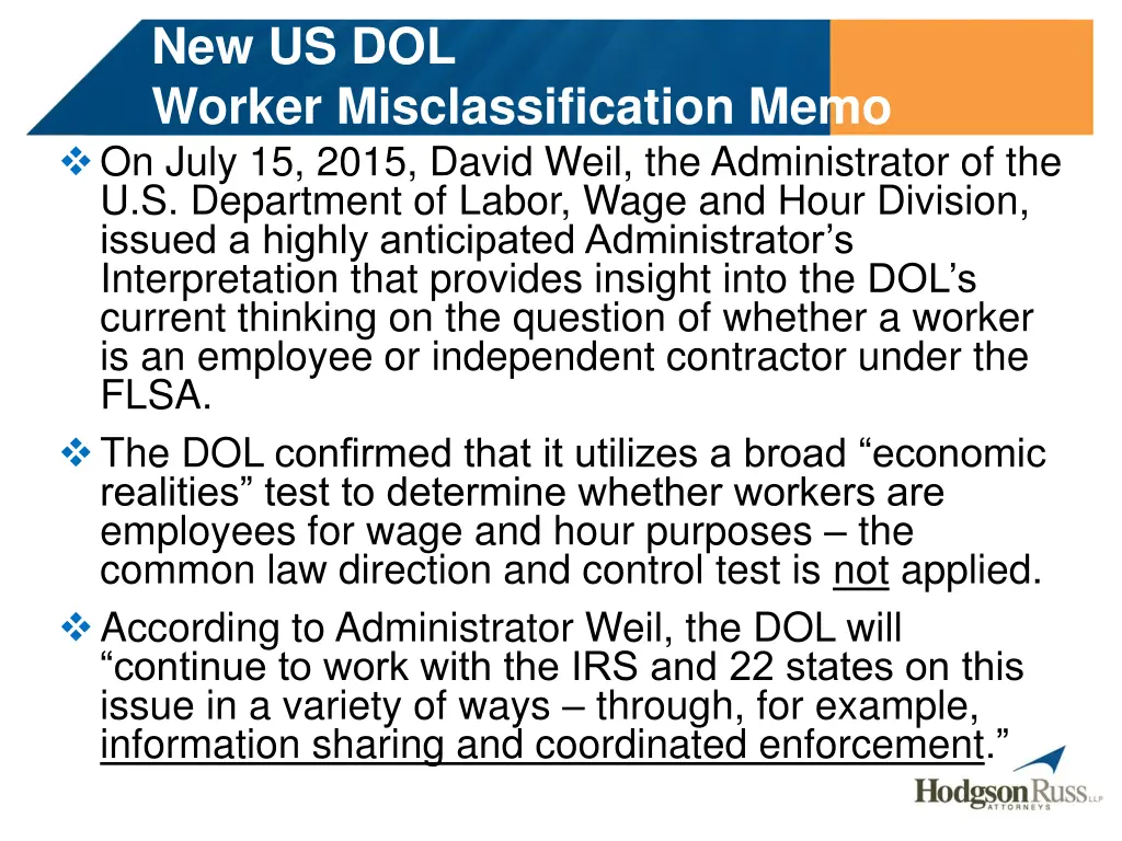 new us dol worker misclassification memo on july