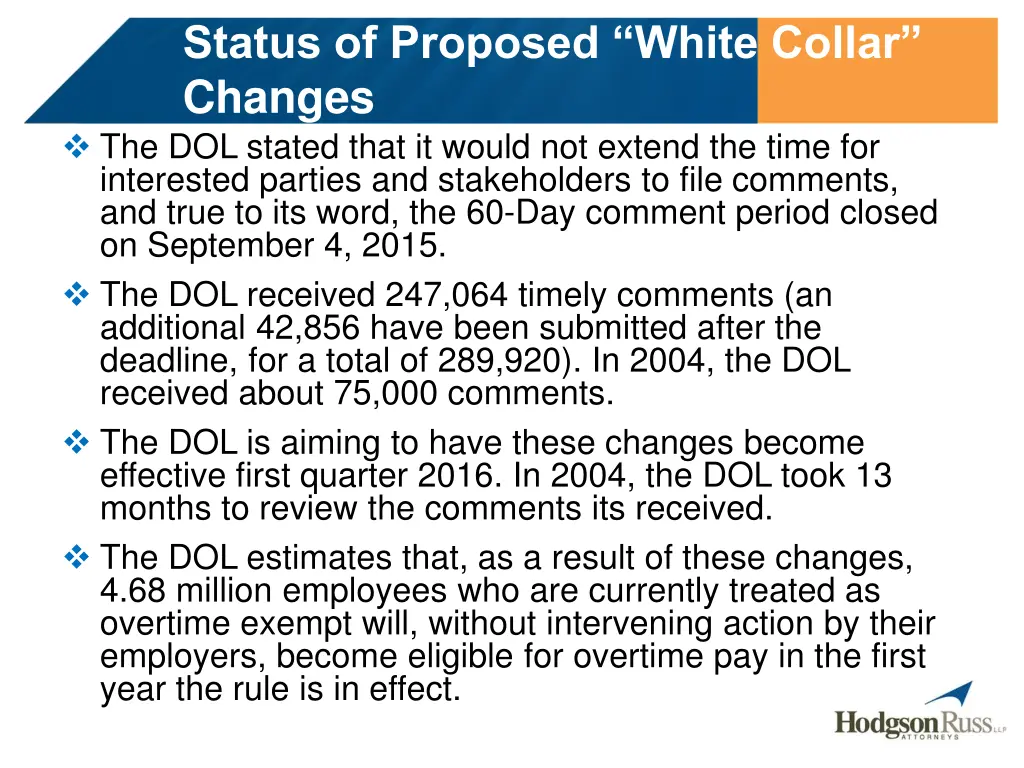 status of proposed white collar changes