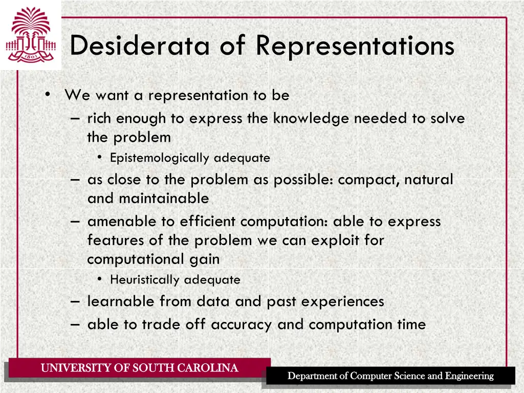 desiderata of representations