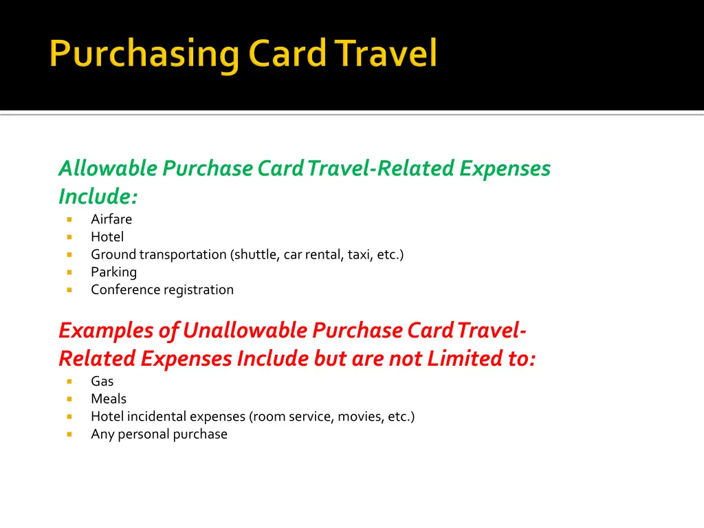 allowable purchase card travel related expenses