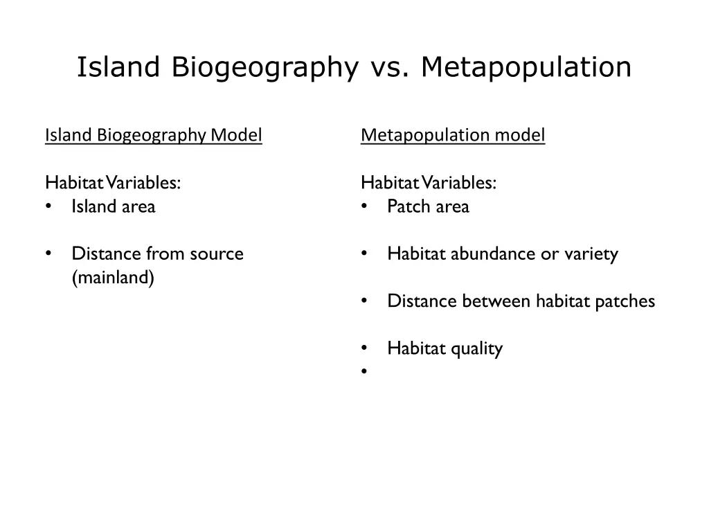 island biogeography vs metapopulation