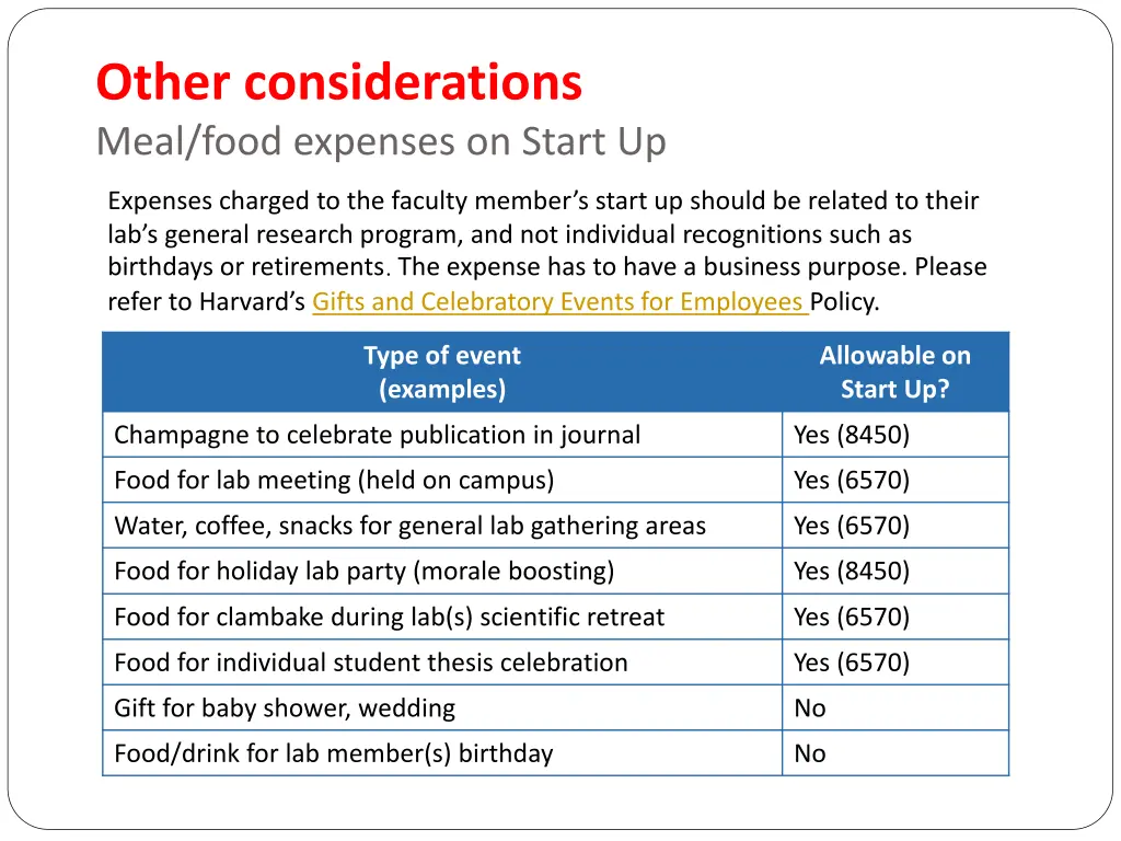 other considerations meal food expenses on start