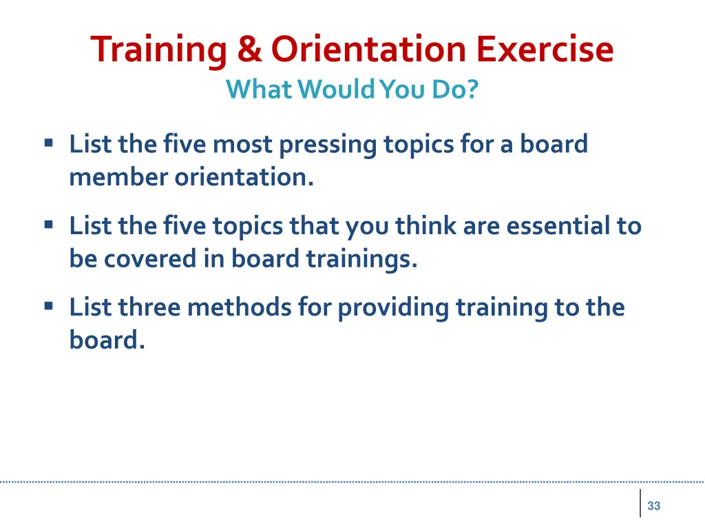 training orientation exercise what would you do