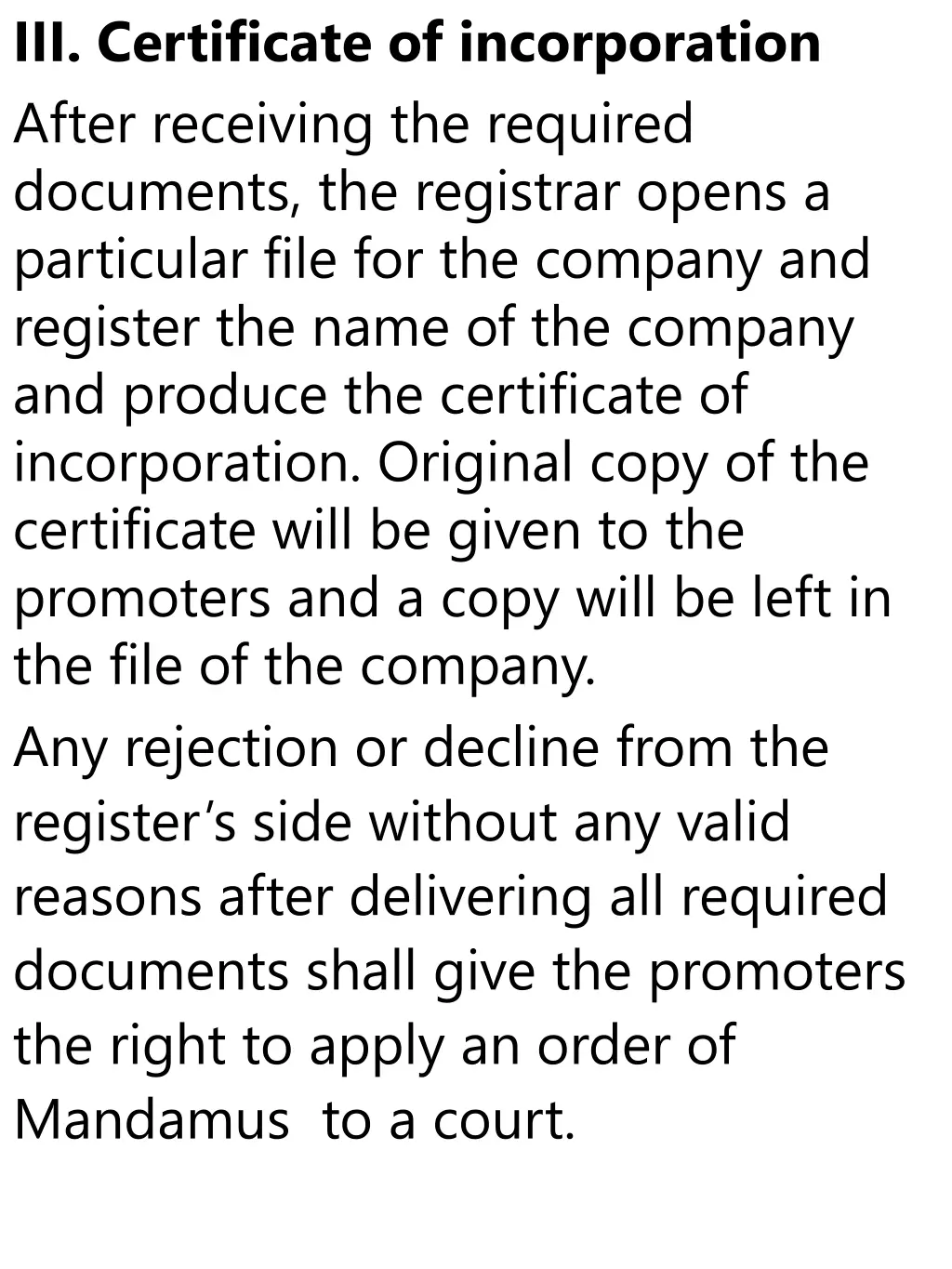 iii certificate of incorporation after receiving