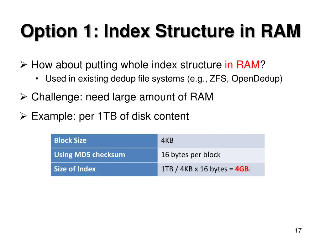 option 1 index structure in ram