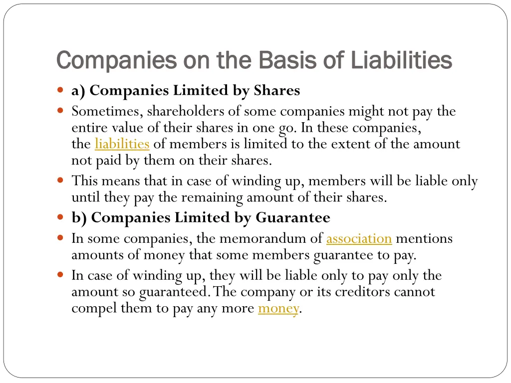 companies on the basis of liabilities companies