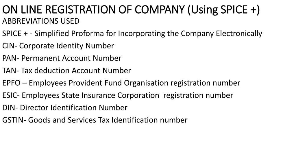 on line registration of company using spice 1