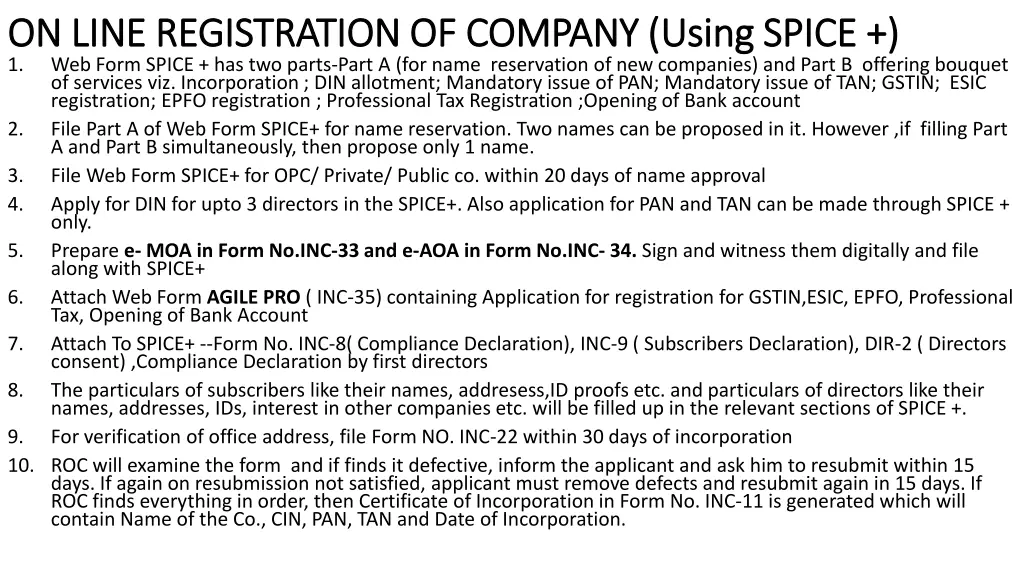 on line registration of company using spice