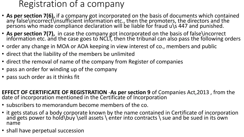 registration of a company as per section